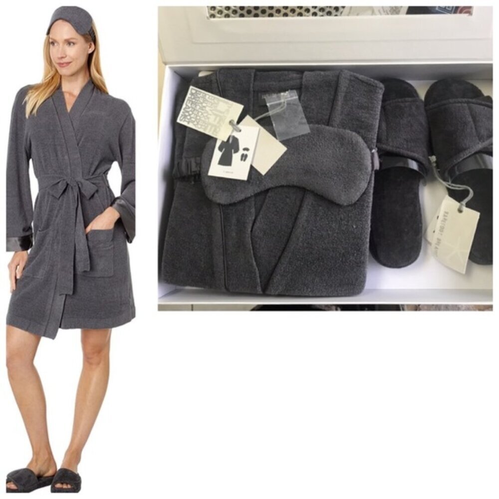 Barefoot Dreams NEW 3 piece Cozychic Ultra Lite Luxury Spa Set Gift Robe Slides